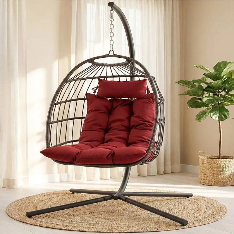 SereneLife Hanging Egg Chair with Stand - Wicker Rattan Outdoor Swing Chair, Powder-Coated Steel Frame, Padded Cushion & Headrest - Ideal Swinging Chair for Bedroom, Patio, Backyard - 350 lbs Load