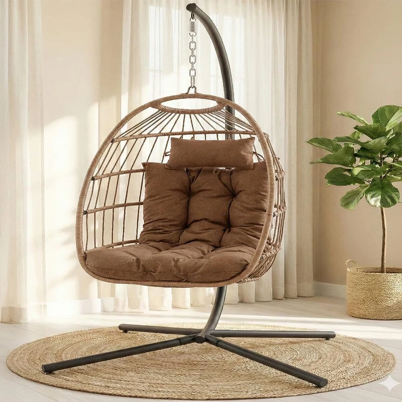 SereneLife Hanging Egg Chair with Stand - Wicker Rattan Outdoor Swing Chair, Powder-Coated Steel Frame, Padded Cushion & Headrest - Ideal Swinging Chair for Bedroom, Patio, Backyard - 350 lbs Load