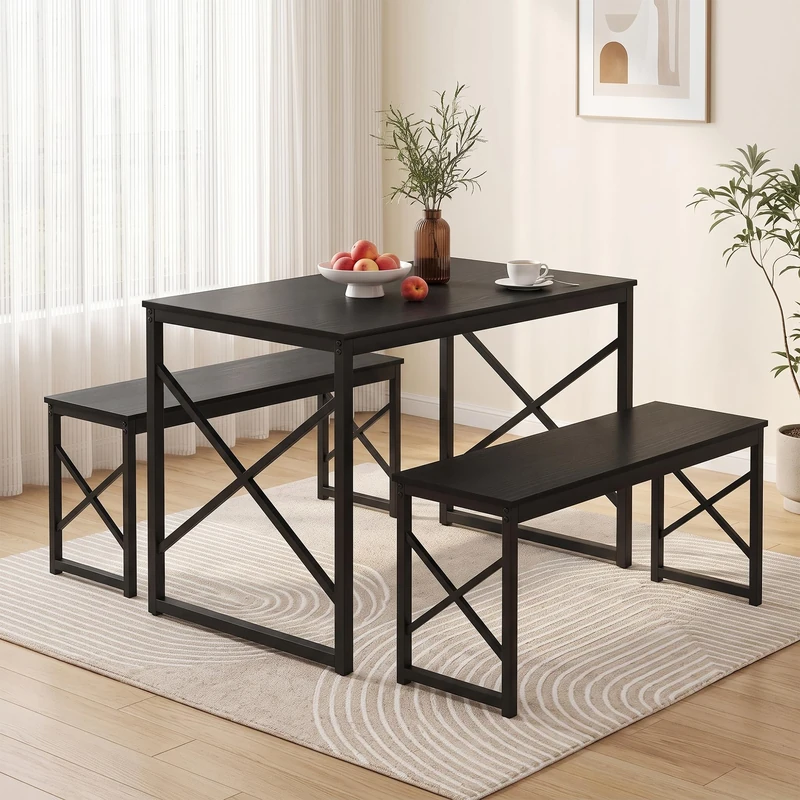 VECELO 3 Piece Dining Table Set, 110cm Wooden Kitchen Table with 2 Benches, Industrial Design, Space Saving, Steel Frame, for Small Spaces, Dining Room, Home and Apartment, Black