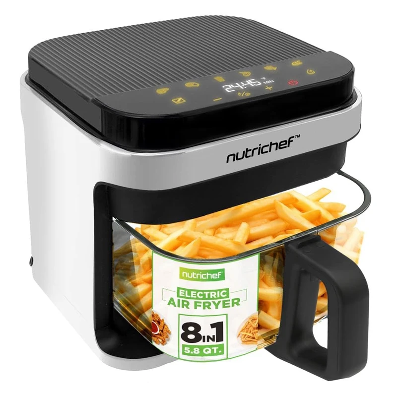 NutriChef Hot Air Fryer 5.5 L White - Electric 8-in-1 Airfryer with Glass Container & LED Touch Display - Oil-Free Frying - 360° Hot Air Circulation - For Chips, Chicken, Vegetables & More