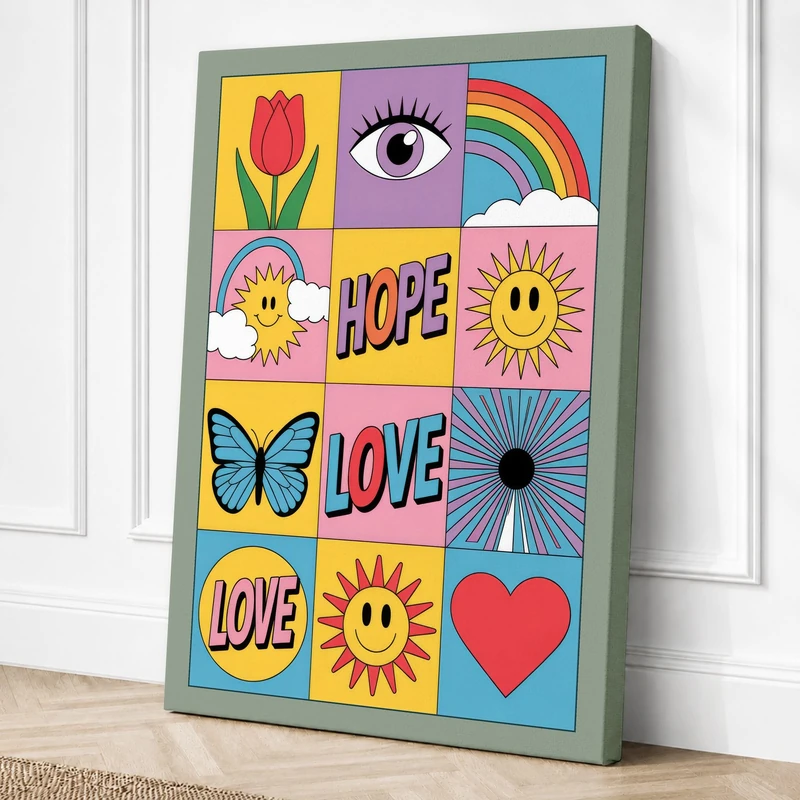 Hope and Love Grid Retro Canvas Wall Art Print 36x24 Inch