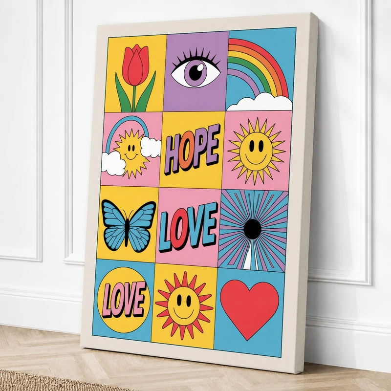 Hope and Love Grid Retro Canvas Wall Art Print 36x24 Inch (91 x 61 cm)