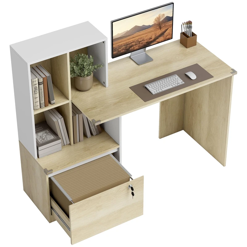 HOMCOM Computer Desk w/Lockable File Drawer, 126 cm, Oak Wood Effect