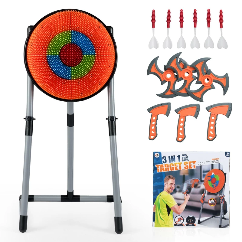 GYMAX 3 in 1 Throwing Game with 3 Throwing axes, 3 Ninja Darts, 6 Darts