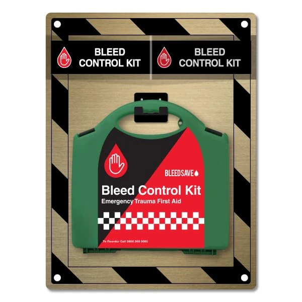 BLEEDSAVE Premium Enhanced Bleed Control Point - First Aid Kit with Tourniquet - 1 Unit Wall Mounted - School and Workplace - Gold - 500 x 400 x 70mm