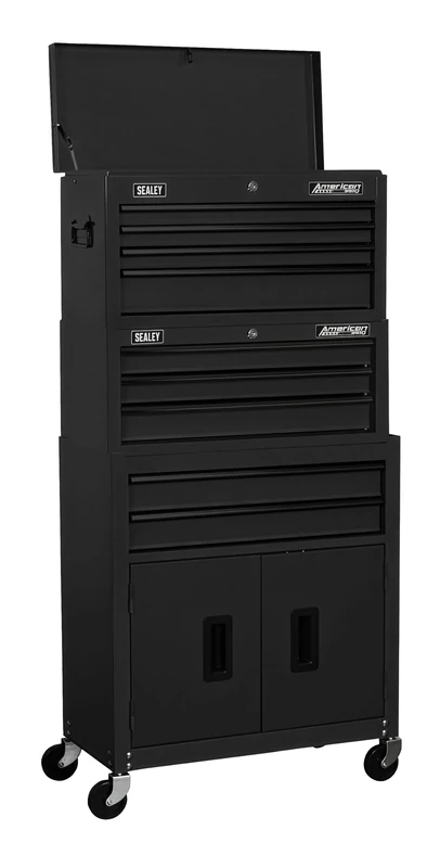 Sealey American PRO® 9 Drawer Topchest, Mid-Box & Rollcab Stack/Tool Chest on Wheels - Black - AP2200BKSTACK