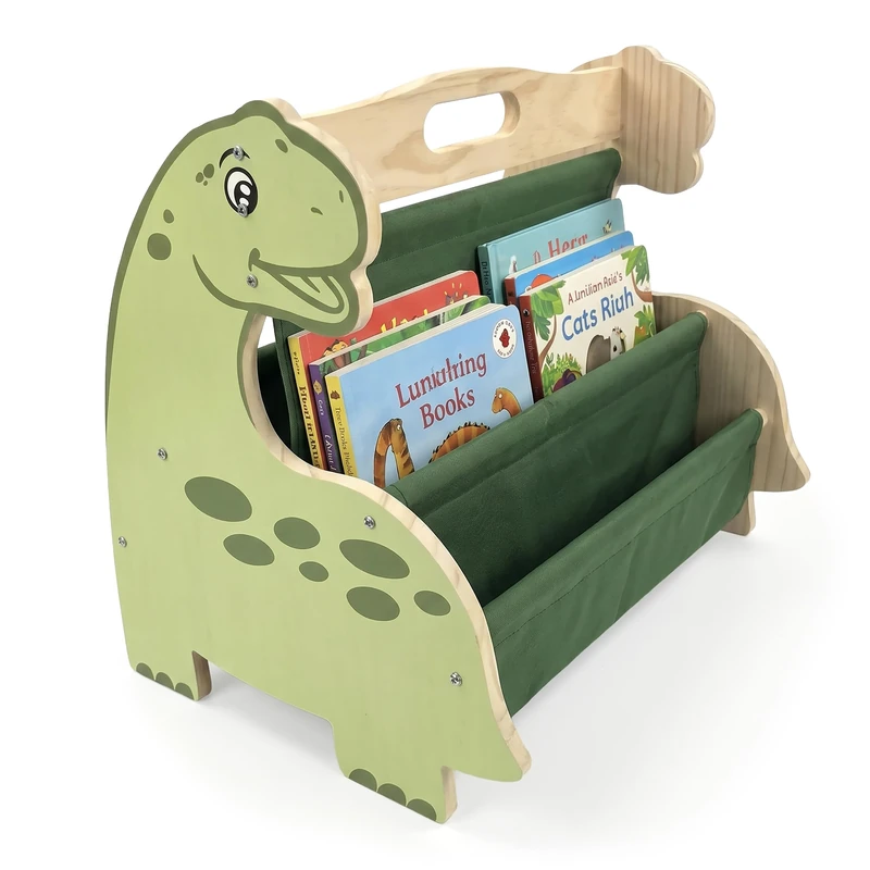 Relaxdays Children's Bookshelf, Wood, 4 fabric pockets, green/natural