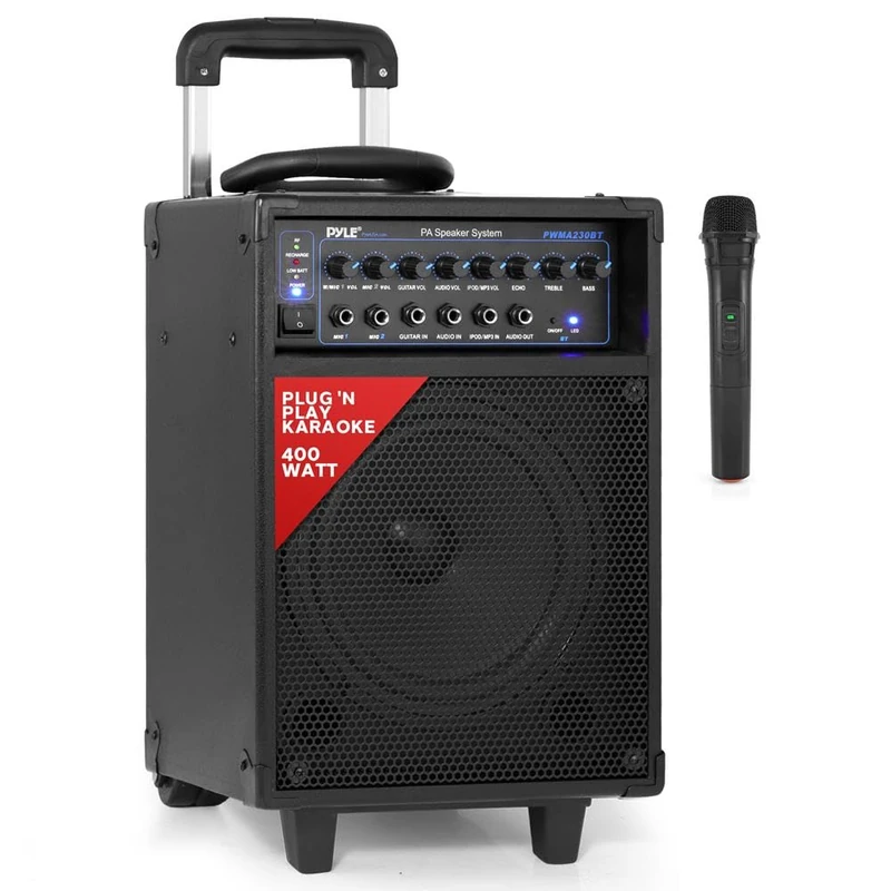 Pyle Wireless Portable PA Speaker System - 400W Bluetooth Compatible Rechargeable Battery Powered Outdoor Sound Stereo Speaker Microphone Set w/Handle, Wheels - 1/4" to AUX, RCA Cable
