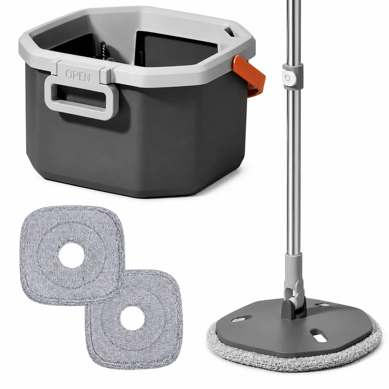 Relaxdays Spin Mop Set, 6L bucket with fresh water compartment, grey