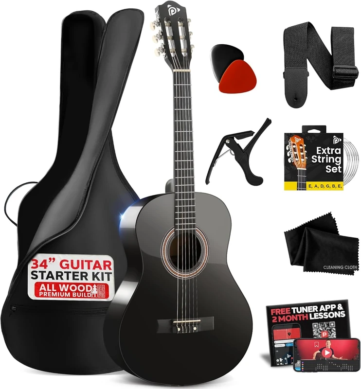 Pyle Beginner Acoustic Guitar Kit, 1/2 Junior Size All Wood Build Nylon String Instrument with Capo, Strap, Extra String Set, Gig Bag, Guitars for Beginners Adults Youth, 34" Black Gloss