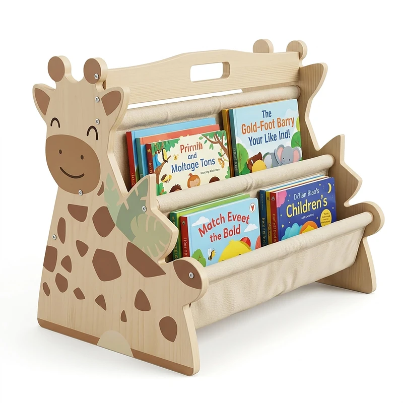 Relaxdays Children's Bookshelf, Wood, 4 fabric compartments, natural