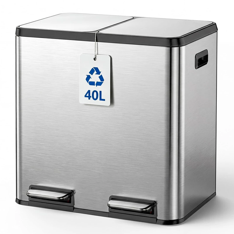 Kitchen Bin,40L Dual Rubbish Bin,2 x 20L Stainless Steel Pedal Bin,Double Bin Recycling with Soft-Close Lids and Plastic Inner Buckets,Fingerprint Proof,Odour Seal,Large Capacity,Metal Silver