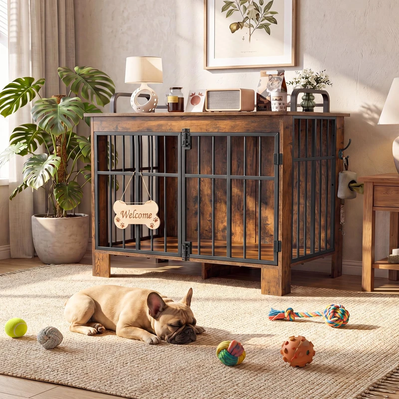 YITAHOME Large Wooden Dog Crate Furniture 100cm, Double Door, Rustic Brown