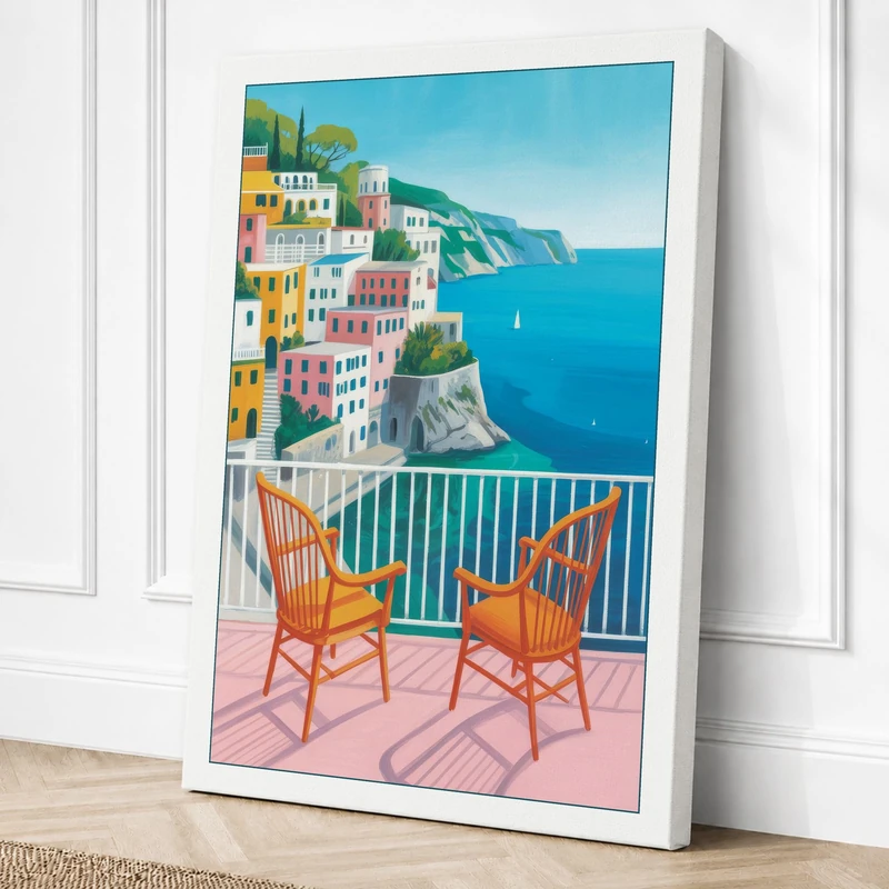 Mediterranean Terrace View Canvas Wall Art Print 36x24 Inch