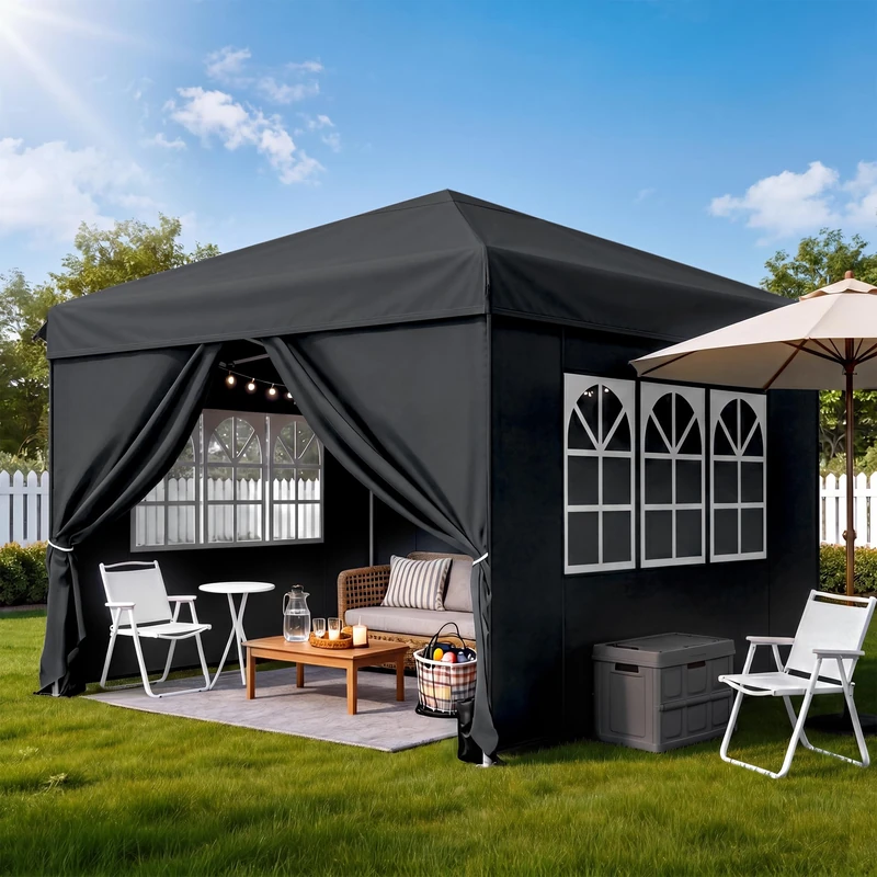 DWVO Gazebo with Zip-up Sides,3x3m Foldable UV50+ for Camping,Black