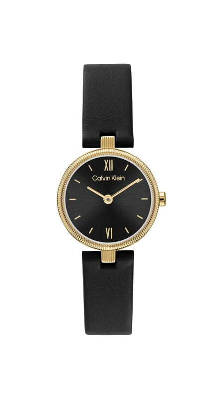 Calvin Klein Women's Gleam Gold Plated Analog Watch with Black Leather Strap - 25100230