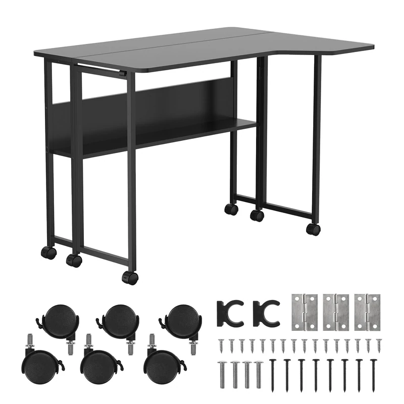 Maclean foldable mobile desk with shelf and wheels 100x73 cm (black)