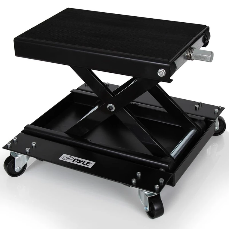 Pyle Motorcycle Scissor Jack Lift w/Dolly - Portable EZ Bike Rack, Front Rear Center Tire Wheel Engine Stand w/Wheels - Low Profile Manual Flat Floor Hoist Table for Cruiser, Dirt Bikes