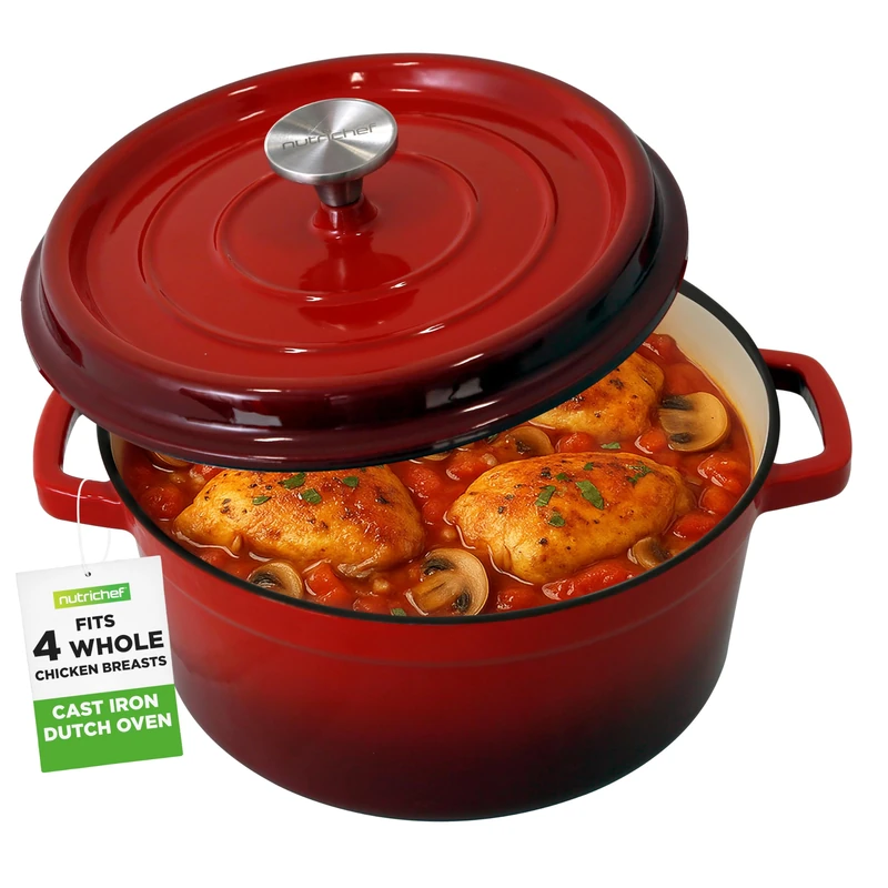 NutriChef Enameled Cast Iron Dutch Oven - 5-Quart Kitchen Round Dutch Oven Stovetop Casserole Cookware Braising Pot, Porcelain Enamel Coated Cast-Iron Baking Pots w/Self Basting Lid