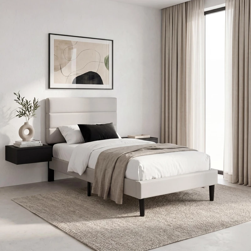 Vida Designs Vandura Single Fabric Bed Frame | Beige Linen | 97-106H x 97W x 195.5D cm | Soft Cushioned & Adjustable Headboard | Under Bed Storage | Slatted Base | Minimalist Style
