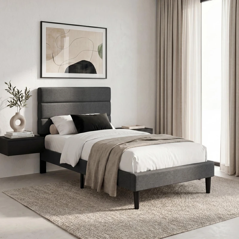 Vida Designs Vandura Single Fabric Bed Frame | Dark Grey Linen | 97-106H x 97W x 195.5D cm | Soft Cushioned & Adjustable Headboard | Under Bed Storage | Slatted Base | Minimalist Style