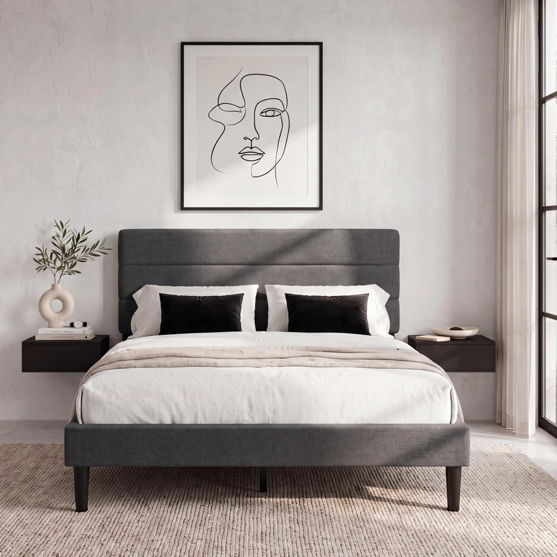 Vida Designs Vandura Double Fabric Bed Frame | Dark Grey Linen | 97-106H x 143.5W x 195.5D cm | Soft Cushioned & Adjustable Headboard | Under Bed Storage | Slatted Base | Minimalist Style