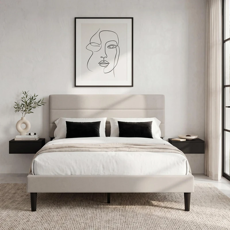 Vida Designs Vandura Double Fabric Bed Frame | Beige Linen | 97-106H x 143.5W x 195.5D cm | Soft Cushioned & Adjustable Headboard | Under Bed Storage | Slatted Base | Minimalist Style