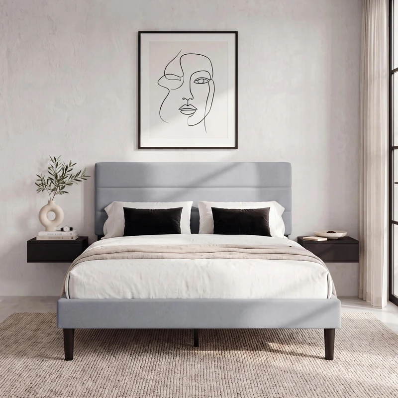 Vida Designs Vandura Double Fabric Bed Frame | Light Grey Linen | 97-106H x 143.5W x 195.5D cm | Soft Cushioned & Adjustable Headboard | Under Bed Storage | Slatted Base | Minimalist Style