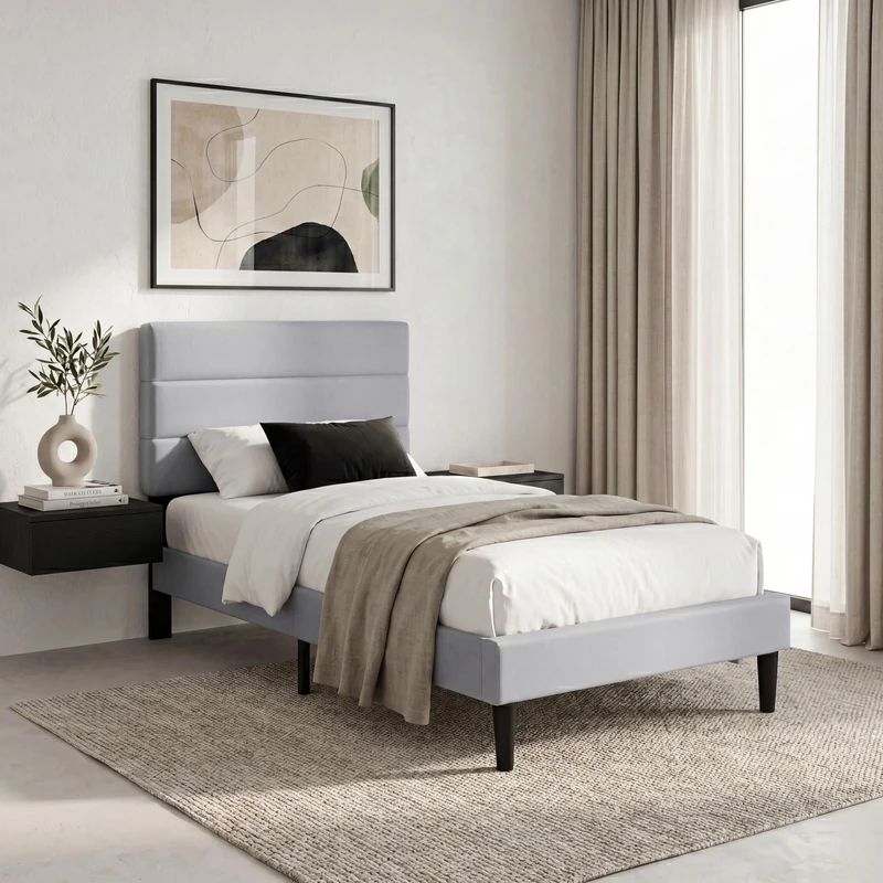 Vida Designs Vandura Single Fabric Bed Frame | Light Grey Linen | 97-106H x 97W x 195.5D cm | Soft Cushioned & Adjustable Headboard | Under Bed Storage | Slatted Base | Minimalist Style