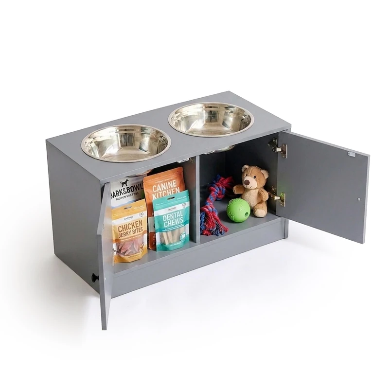 Relaxdays Dog Feeding Station 2 bowls, storage, grey