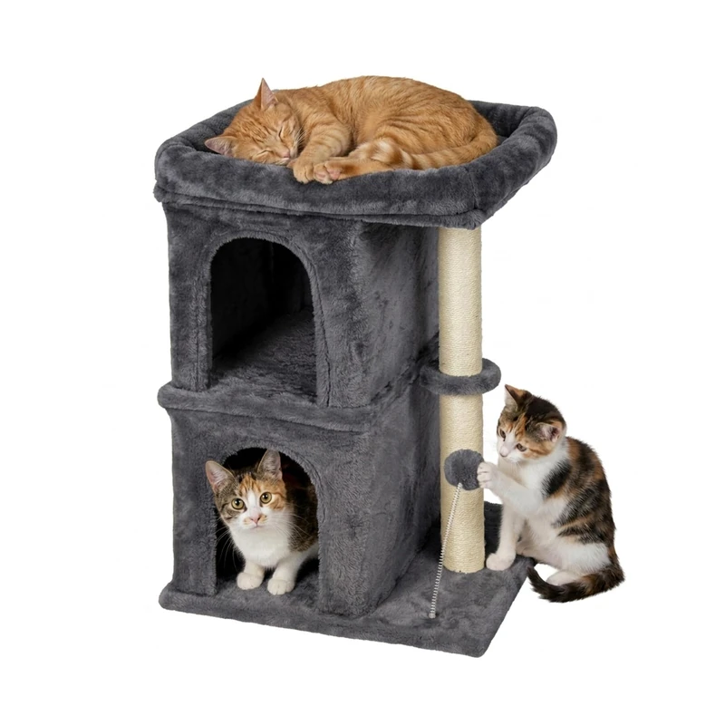 Relaxdays Cat Tree, with 2 caves & toys, sisal, dark grey