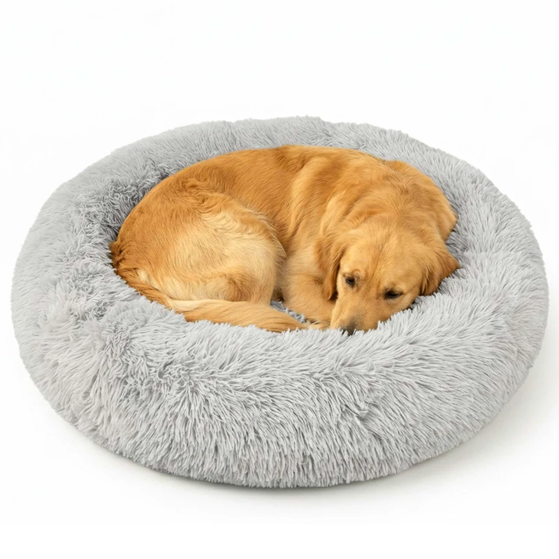 Relaxdays fluffy dog bed, round cat bed, Ø 100 cm, medium dog cushion, washable, grey