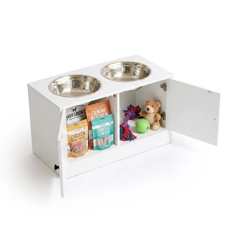 Relaxdays Elevated Dog Feeder, 2 bowls, storage cupboard, white