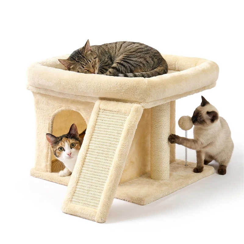 Relaxdays Cat Tree, with cave, scratching board & resting area, beige