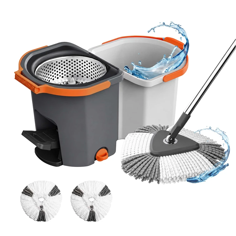 Relaxdays Mop Set, 14.5L bucket & wringer, stackable, pedal-operated, grey
