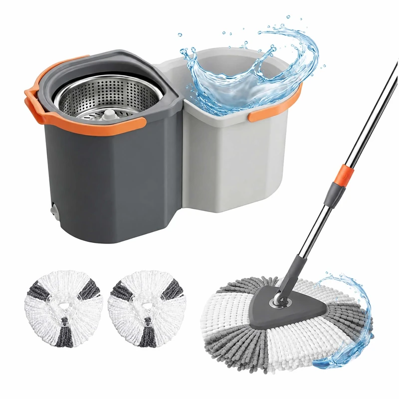 Relaxdays Mop Set, 7.5L bucket & wringer, stackable, rotating, grey