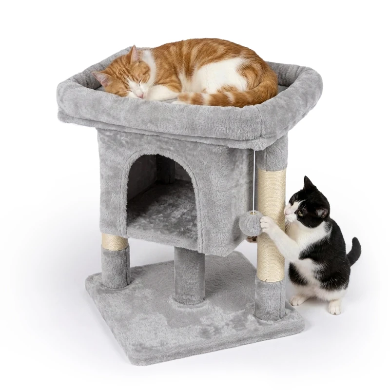 Relaxdays Cat Tree, with hideaway, 2 Sisal posts & top bed, HxWxD: 60x52.5x41 cm, Sisal, light grey