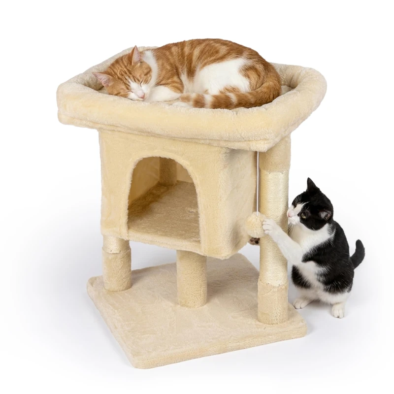 Relaxdays Cat Tree, with cave, 2 sisal posts & resting area, beige