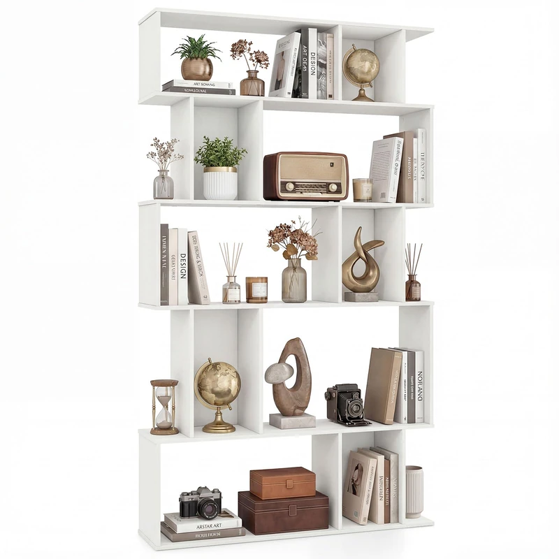 CASART 5/6 Tier Wooden Bookcase (White, 90x22x158cm)