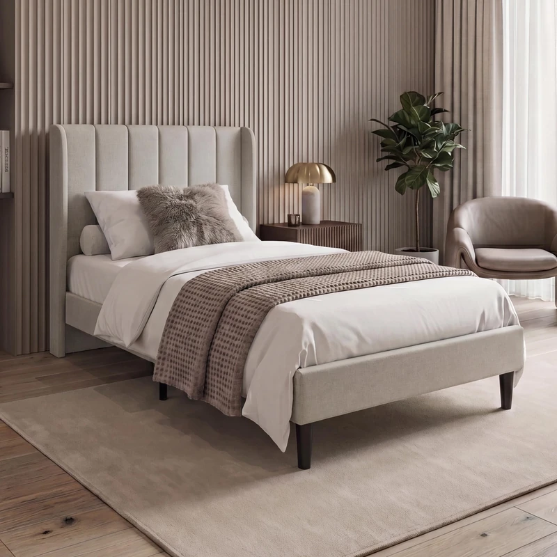 Vida Designs Vianna Single Fabric Bed Frame with Mattress | Beige Linen | 104H x 98.5W x 198D cm | Soft Cushioned Headboard | Underbed Storage | Slatted Base | Minimalist Style