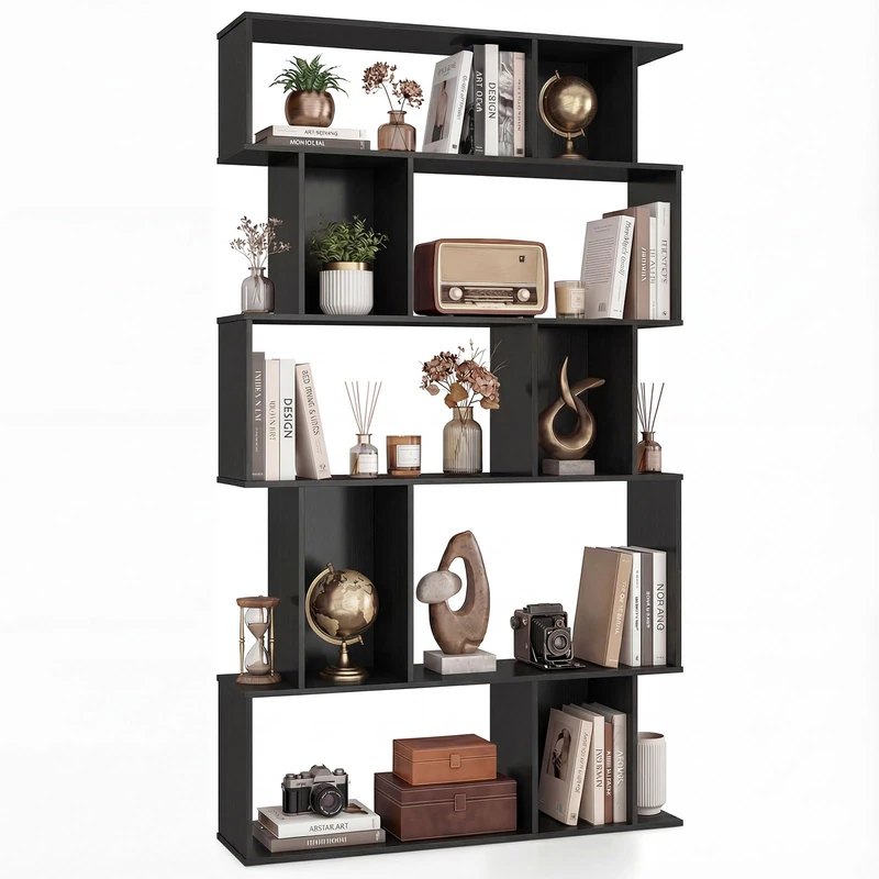 CASART 5/6 Tier Wooden Bookcase (Black, 90x22x158cm)