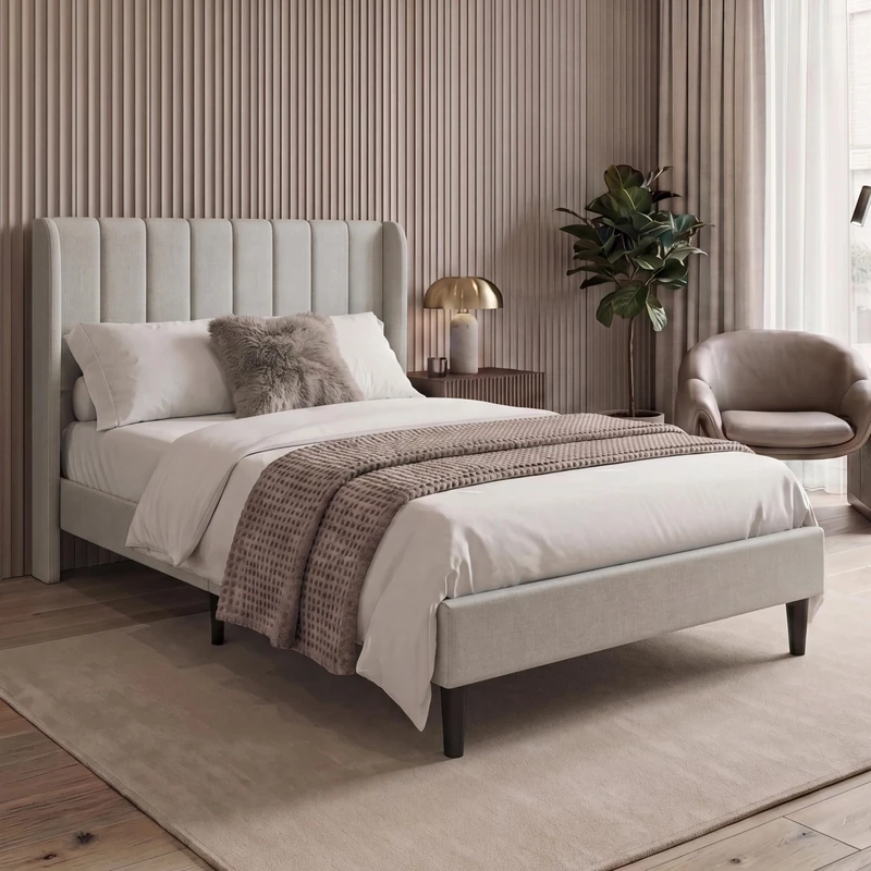 Vida Designs Vianna King Fabric Bed Frame | Beige Linen | 104H x 158.5W x 208D cm | Soft Cushioned Headboard | Underbed Storage | Slatted Base | Minimalist Style