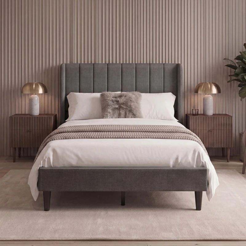 Vida Designs Vianna Double Fabric Bed Frame with Mattress | Dark Grey Linen | 104H x 144.5W x 198D cm | Soft Cushioned Headboard | Underbed Storage | Slatted Base | Minimalist Style