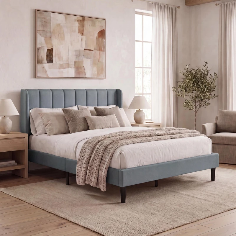 Vida Designs Vianna Double Fabric Bed Frame | Light Grey Linen | 104H x 144.5W x 198D cm | Soft Cushioned Headboard | Underbed Storage | Slatted Base | Minimalist Style