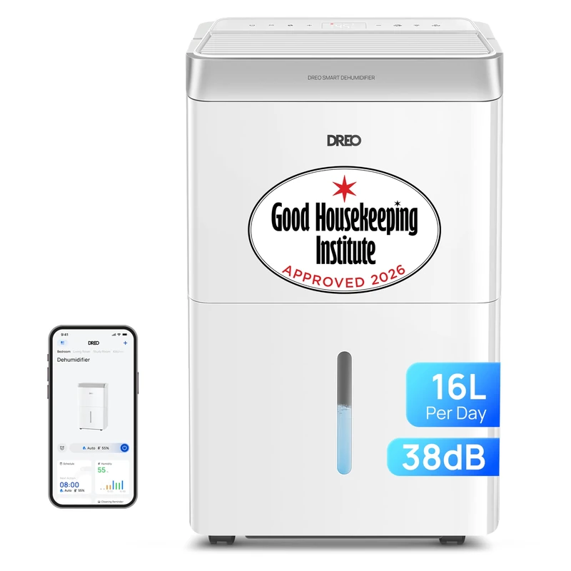 DREO 16L/Day Smart WiFi Dehumidifier for Home, Laundry Drying, 38dB Quiet, 3 Mode & Speed, Low Energy, Large Room, Humidity Display & Auto Sensor, 24H Timer, Moisture Remover, Works with Alexa