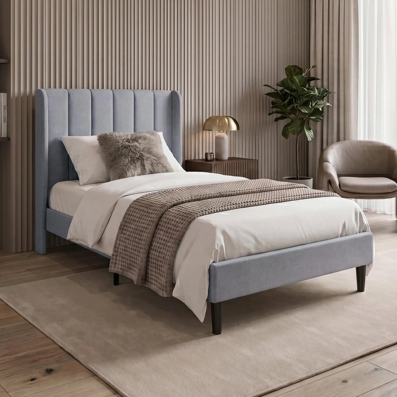 Vida Designs Vianna Single Fabric Bed Frame with Mattress | Light Grey Linen | 104H x 98.5W x 198D cm | Soft Cushioned Headboard | Underbed Storage | Slatted Base | Minimalist Style