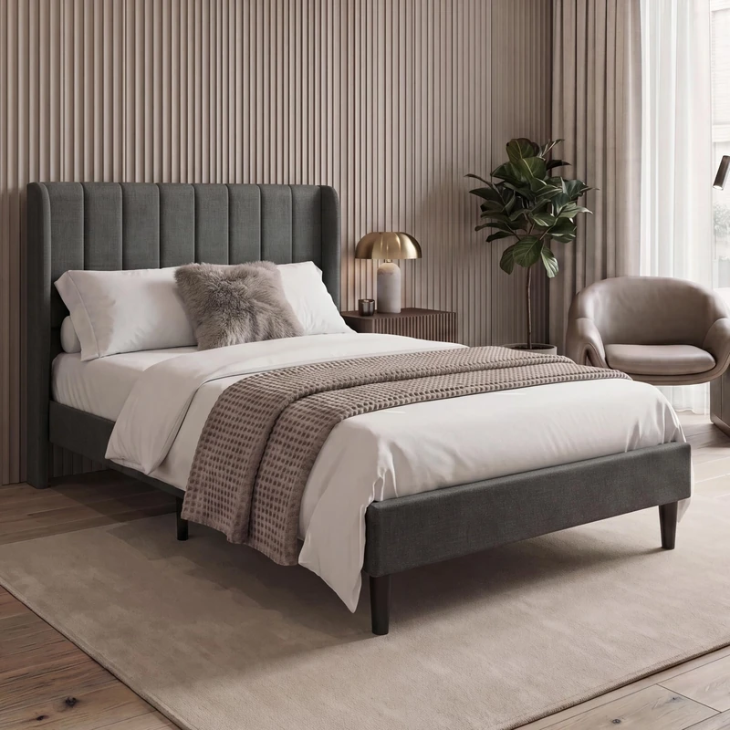Vida Designs Vianna King Fabric Bed Frame with Mattress | Dark Grey Linen | 104H x 158.5W x 208D cm | Soft Cushioned Headboard | Underbed Storage | Slatted Base | Minimalist Style