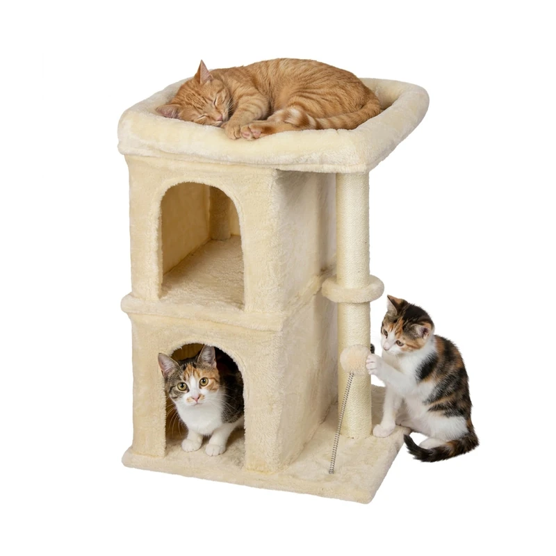 Relaxdays Cat Tree, with 2 hideaways & toy, sisal post, with bed, HxWxD: 71 x 46 x 40 cm, soft, beige