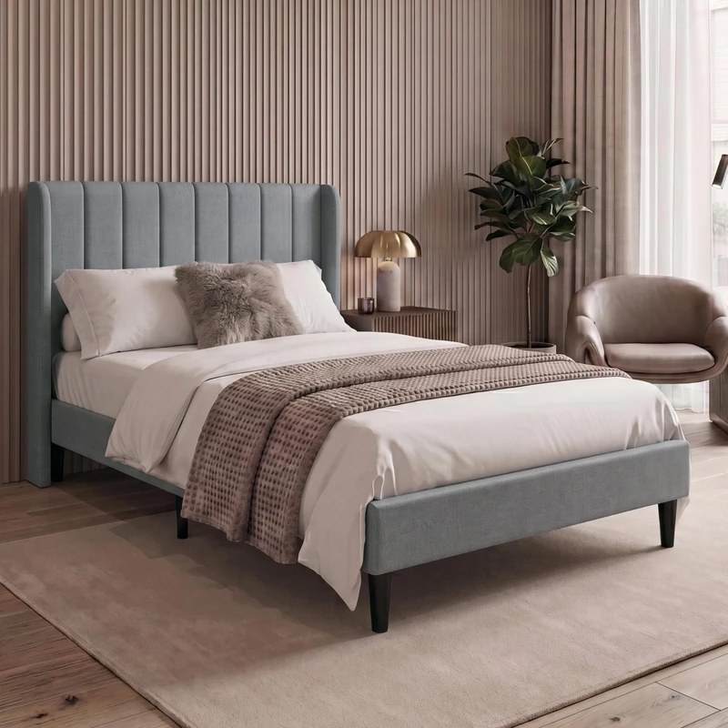 Vida Designs Vianna Double Fabric Bed Frame with Mattress | Light Grey Linen | 104H x 144.5W x 198D cm | Soft Cushioned Headboard | Underbed Storage | Slatted Base | Minimalist Style