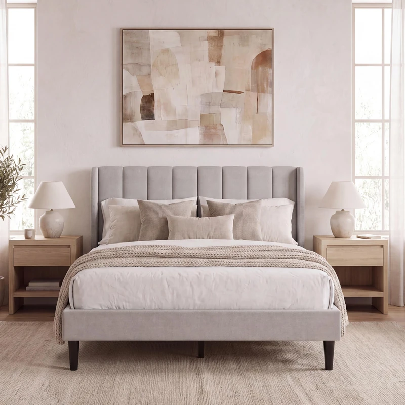 Vida Designs Vianna Double Fabric Bed Frame | Beige Linen | 104H x 144.5W x 198D cm | Soft Cushioned Headboard | Underbed Storage | Slatted Base | Minimalist Style